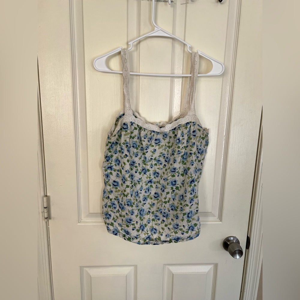 LOFT Blue Floral Lace Trim Camisole Tank Top Size L